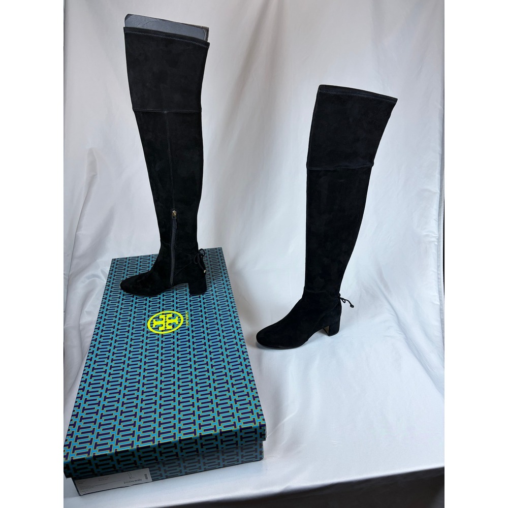 Tory Burch Laila 45mm Over The Knee Stretch Suede Boots Black Gold Heel 7